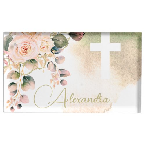 Religious Elegant Roses Pink Wash Cross Place Card Holder