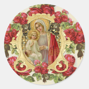 Religious Elegant Virgin Mary Jesus Red Roses Classic Round Sticker