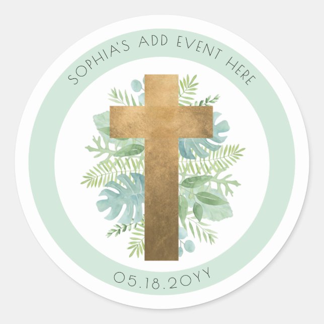 Religious Event Greenery Cross Envelope Seal/Favor Classic Round Sticker (Front)