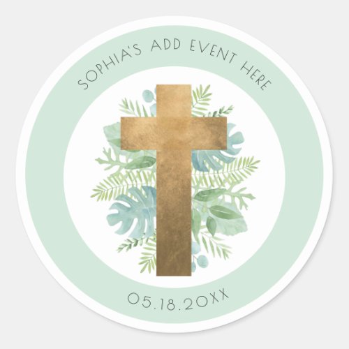 Religious Event Greenery Cross Envelope SealFavor Classic Round Sticker