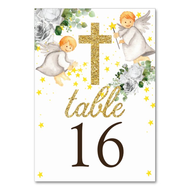 Religious Events Angels Gold Glitter Table Number (Front)