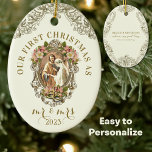 Religious First Christmas Mr and Mrs Wedding Ceramic Ornament<br><div class="desc">Featuring a  lovely traditional Catholic vintage image of the Blessed Virgin Mary and St. Joseph getting married with a gold vintage frame,  cherry blossoms. On the back is the beautiful scripture verse of the Song of Solomon 3:4.</div>