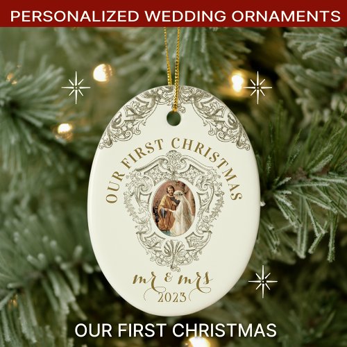 Religious First Christmas Mr and Mrs Wedding Ceramic Ornament