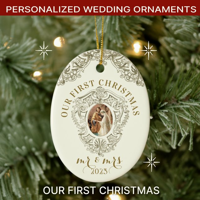 Religious First Christmas Mr and Mrs Wedding Ceramic Ornament (Personalized Catholic Christmas Wedding Ornaments with Scripture Verse)