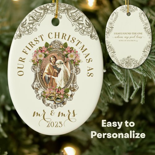 Religious First Christmas Mr and Mrs Wedding Ceramic Ornament