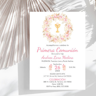 Religious First Communion Cute Wreath and Chalice Invitation