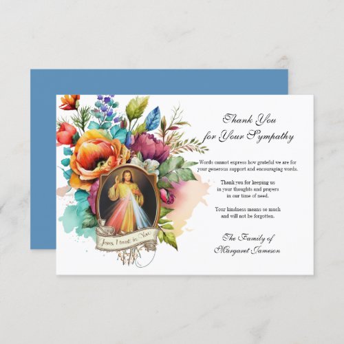 Religious Floral Jesus Divine Mercy  Condolence Thank You Card