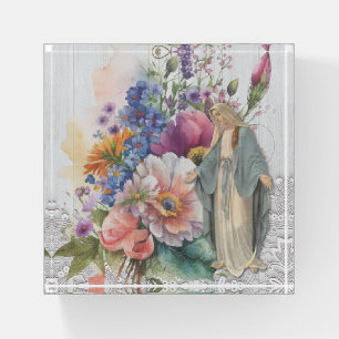 Religious Floral Virgin Mother Mary Paperweight