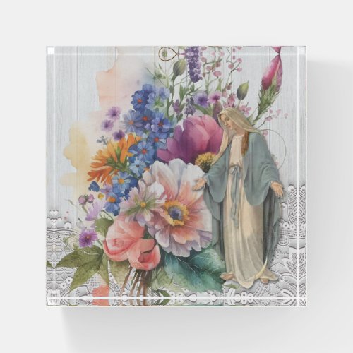 Religious Floral Virgin Mother Mary Paperweight