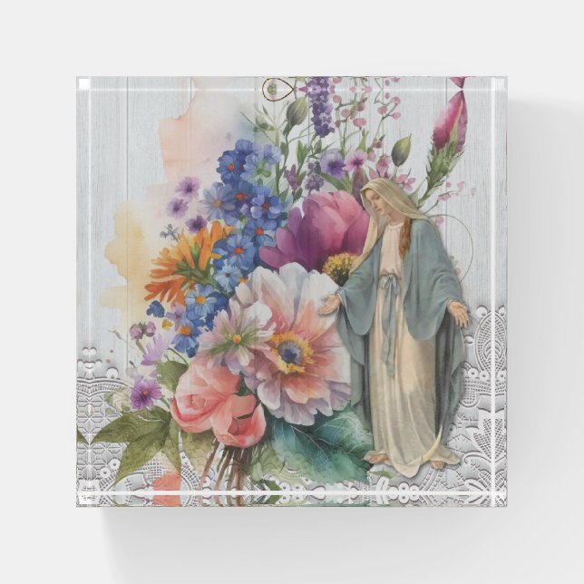 Religious Floral Virgin Mother Mary Paperweight (Front)