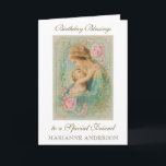 Religious Friend Birthday Virgin Mary Jesus  Card<br><div class="desc">This is a beautiful traditional Catholic customized image of the Blessed Virgin Mary with the Child Jesus with a vintage golden frame and pink roses.  All text and fonts may be modified to suit the occasion and recipient.</div>
