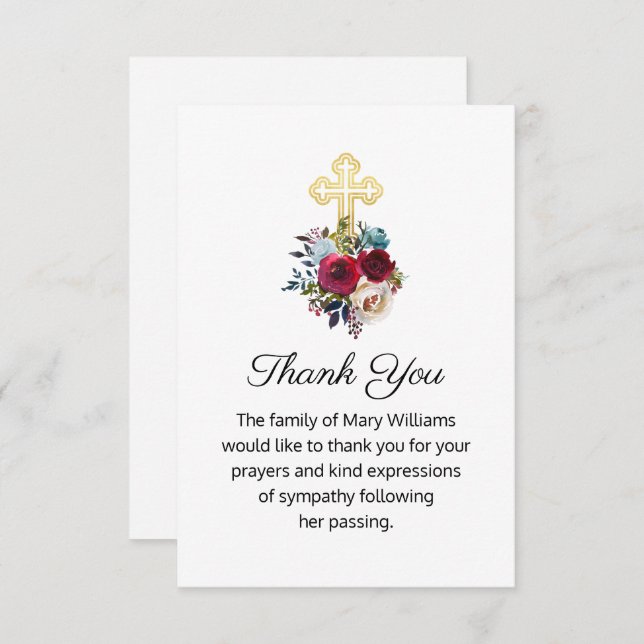Religious Funeral Gold Cross Floral Thank You Card (Front/Back)