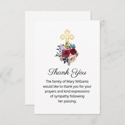 Religious Funeral Gold Cross Floral Thank You Card