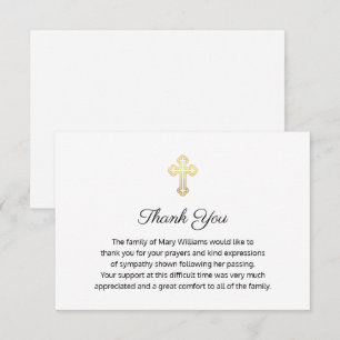 Religious Funeral Memorial Gold Cross Thank You Card