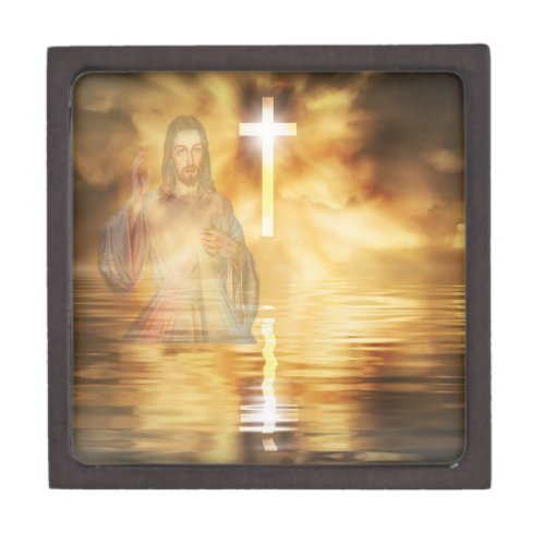 Religious Gift Box with God Cross and Sunset