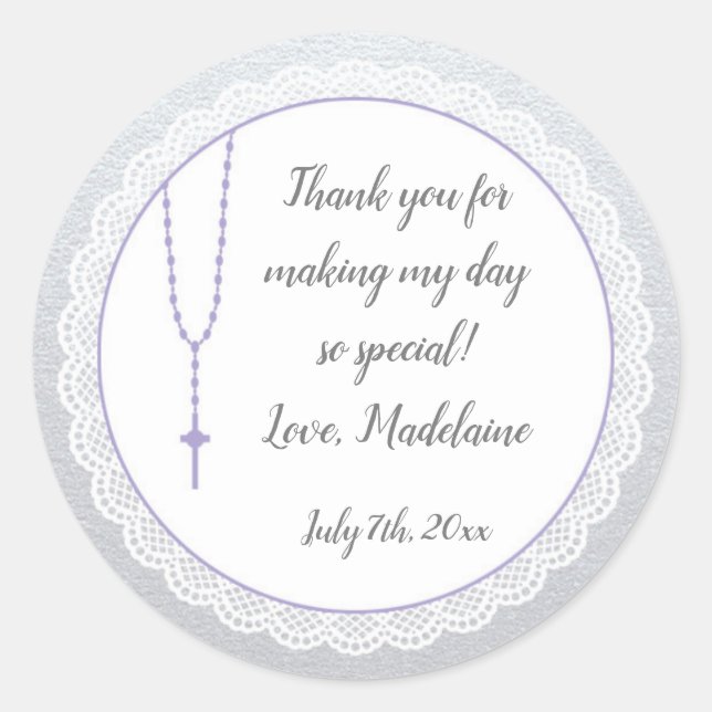 Religious Gift Favor Label Girl Lavender Rosary (Front)