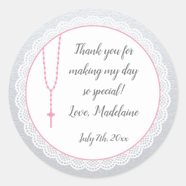 Religious Gift Favor Label Girl Pink Rosary (Front)