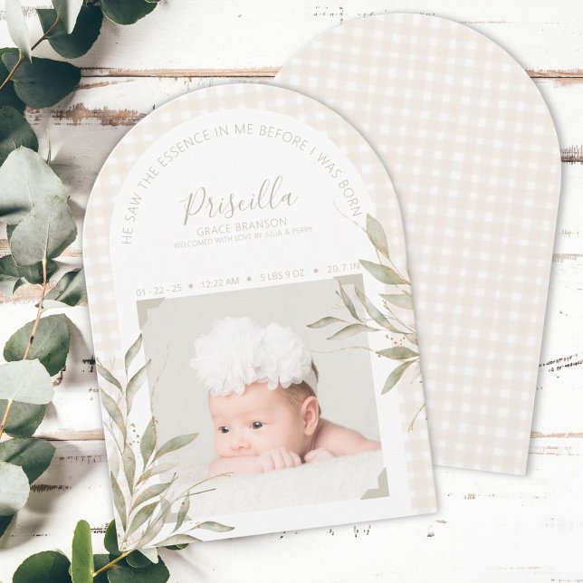 Religious Gingham Photo Birth Announcement Card (Elegant religious birth announcement with photo, soft gingham, gold accents, and personalization)