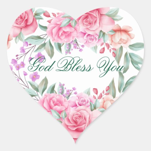 Religious God Bless You Pink Roses Floral  Heart Heart Sticker
