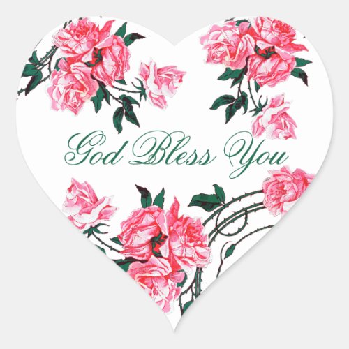 Religious God Bless You Pink Roses Floral  Heart Sticker