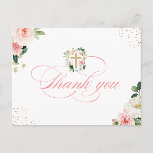 Religious Gold Cross Blush Pink Floral Thank You Postcard