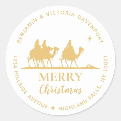 Religious Gold Merry Christmas Return Address Classic Round Sticker