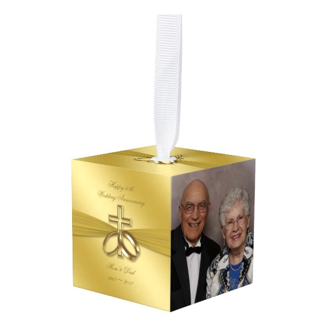 Religious Golden 50th Anniversary Cube Ornament (Front Angled)