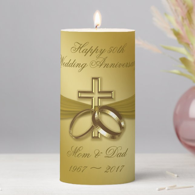 Religious Golden 50th Anniversary Pillar Candle (In Situ)