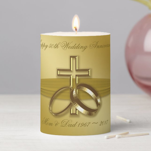 Religious Golden 50th Anniversary Pillar Candle (In Situ)
