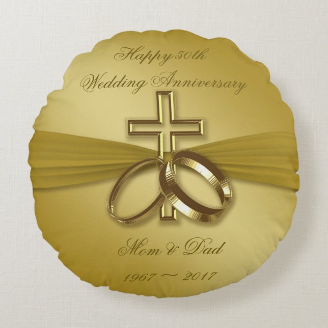 Religious Golden 50th Anniversary Round Pillow (Front)