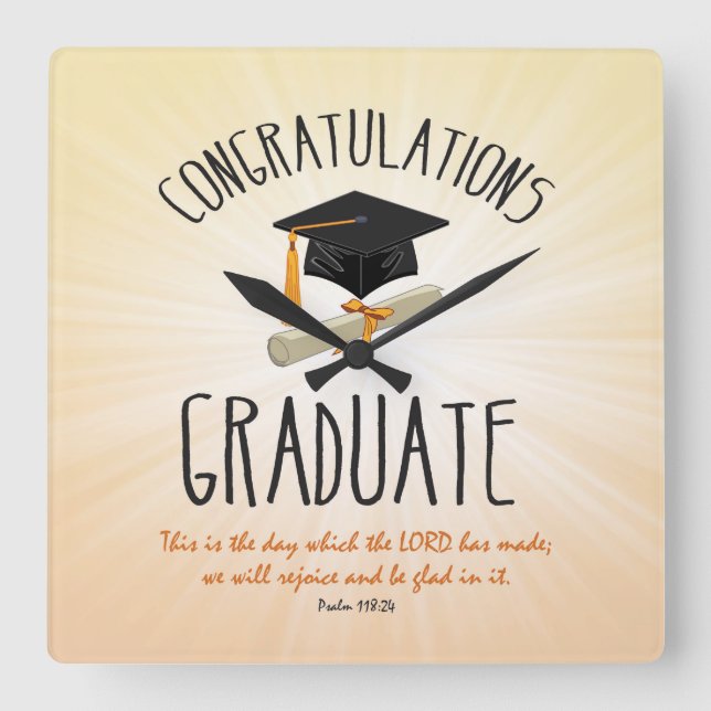 Religious Graduation Gold Starburst with Black Cap Square Wall Clock (Front)
