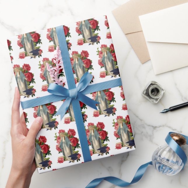 Religious Graduation Virgin Mary Red Roses  Wrapping Paper (Gifting)