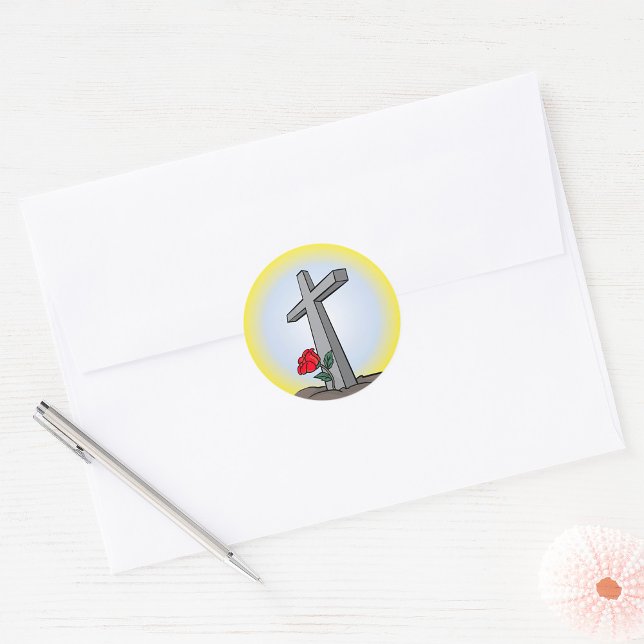 Religious Grave Cross with Red Rose Classic Round Sticker (Creator Uploaded)