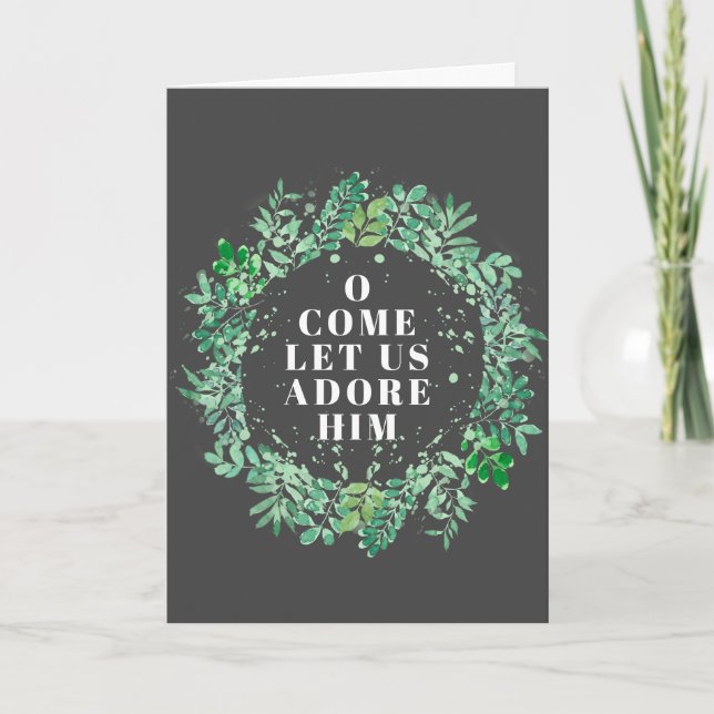 Religious Green and Gray Foliage Wreath Christmas Holiday Card (Front)