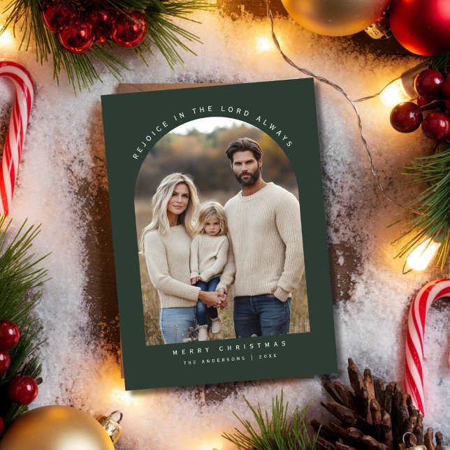 Religious Green Arch Photo Rejoice Christmas Holiday Card (Creator Uploaded)