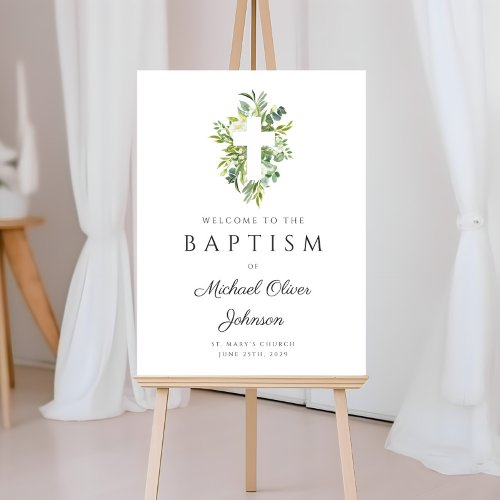 Religious Green Botanical Cross Baptism Welcome Foam Board