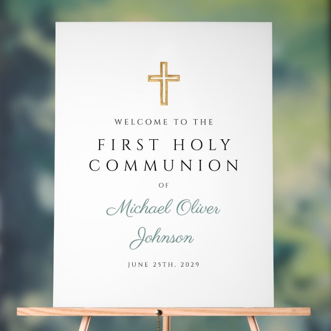 Religious Green Boy First Communion Welcome Acrylic Sign (Neutral)