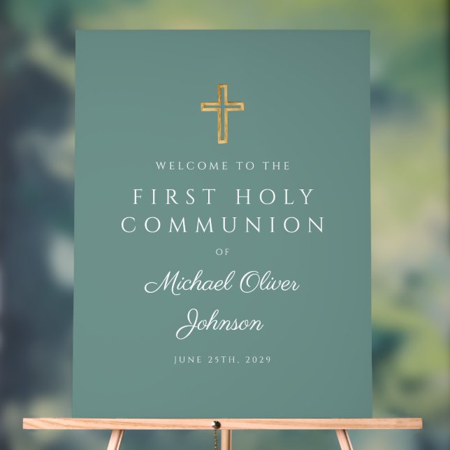 Religious Green Boy First Communion Welcome Acrylic Sign (Neutral)