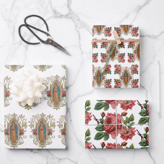 Religious Guadalupe Virgin Mary Floral Roses  Wrapping Paper Sheets (Front)