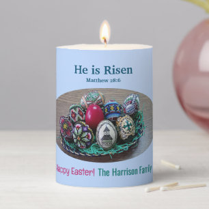 Religious He Is Risen Decorated Easter Eggs Cross  Pillar Candle