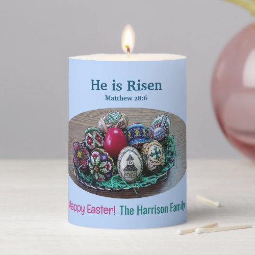 Religious He Is Risen Decorated Easter Eggs Cross  Pillar Candle