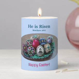 Religious He Is Risen Decorated Easter Eggs Cross Pillar Candle