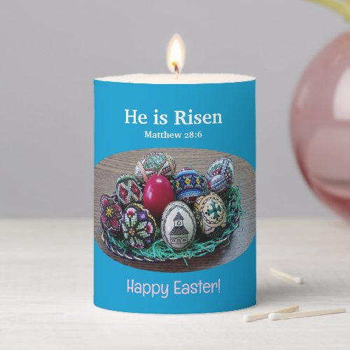 Religious He Is Risen Decorated Easter Eggs Cross  Pillar Candle