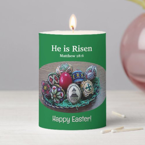 Religious He Is Risen Decorated Easter Eggs Cross Pillar Candle