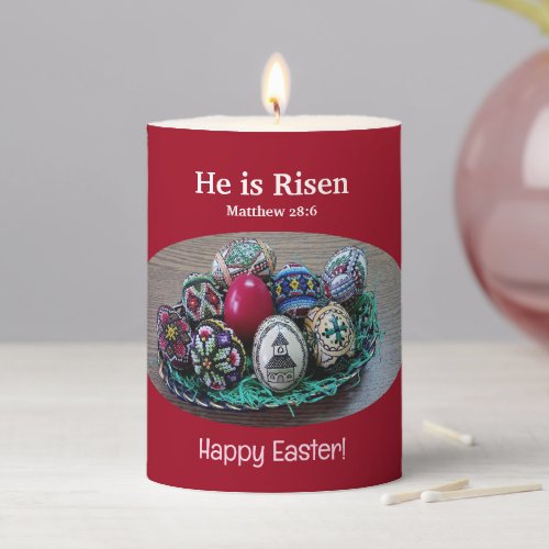 Religious He Is Risen Decorated Easter Eggs Cross Pillar Candle