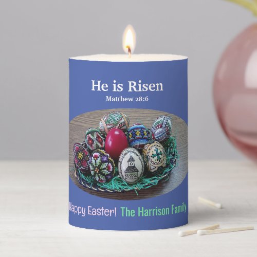 Religious He Is Risen Decorated Easter Eggs Cross  Pillar Candle