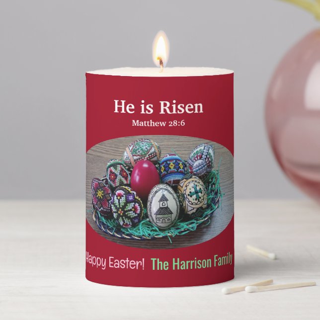 Religious He Is Risen Decorated Easter Eggs Cross  Pillar Candle (In Situ)