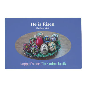 Religious He Is Risen Decorated Easter Eggs Cross Placemat