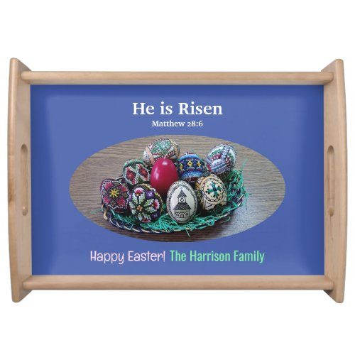 Religious He Is Risen Decorated Easter Eggs Cross  Serving Tray