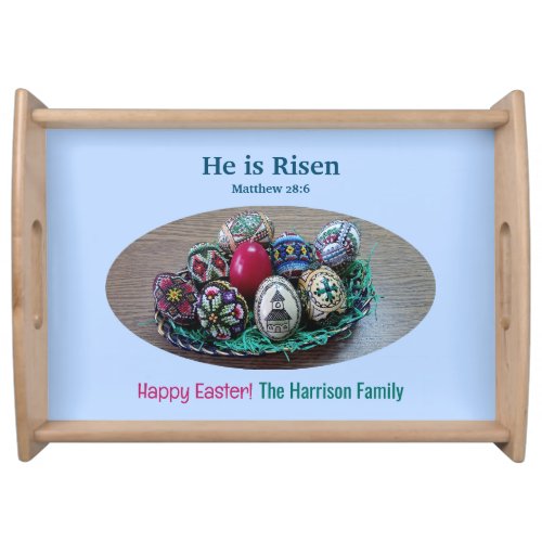 Religious He Is Risen Decorated Easter Eggs Cross  Serving Tray